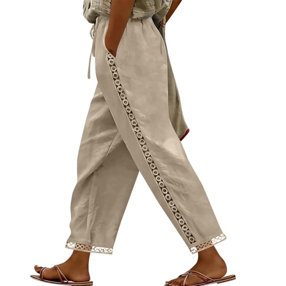 Gamivast Linen Pants Women Hollow Out Lace Side Stripe Elastic Waist Wide Leg Pants Summer Beach Lounge Pants Loose Fit Breathable Daily Outfit