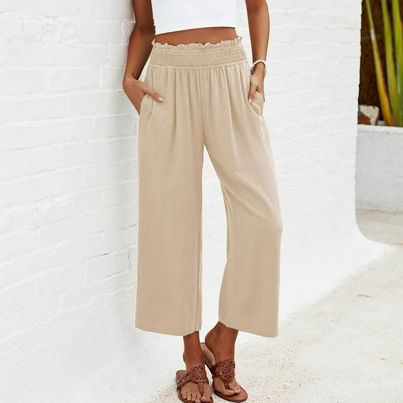 Gamivast Linen Pants Women Plus Size Capri Wide Leg High Waisted Flowy Trousers Trendy Drawstring Casual Cropped Pants with Pockets Beach Holiday Outfits
