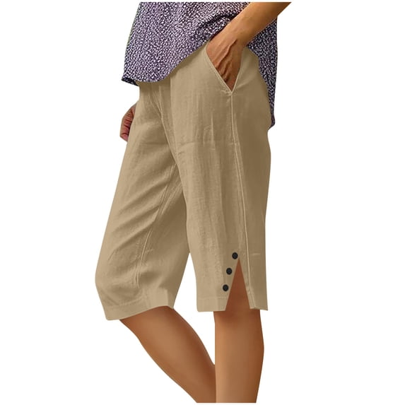 Gamivast Linen Pants Women Solid Color Elastic Waist Button Hem Detail Summer Capris Pants Loose Fit Pockets Beach Summer Pants Casual Daily Lounge Wear