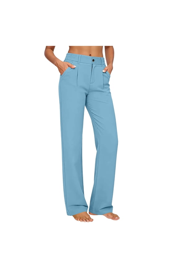 Linen Pants for Women Straight Leg High Waisted Button Closure Breathable Work Pants with Pockets Tailored Fit Full Length Casual Office Lounge Wear