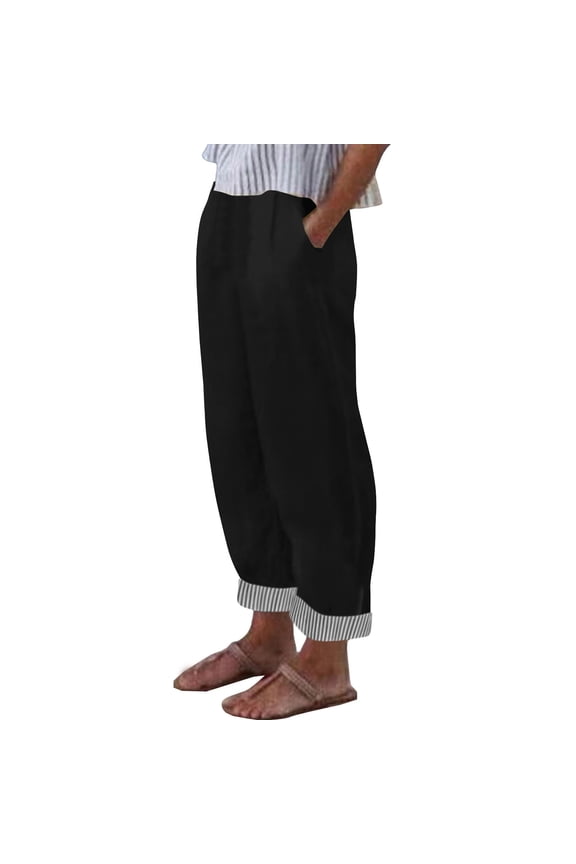 Linen Pants Women Striped Cuffed Hem Elastic Waist Pockets Beach Pants Loose Fit Summer Casual Pants Breathable Lightweight Holiday Daily Wear