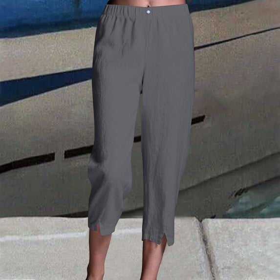 Gamivast Linen Pants Women Summer Casual Loose Straight Leg Capris Pants Drawstring Elastic Waist Cropped Pants with Pockets Gray M Pantalones Capri Para Mujer