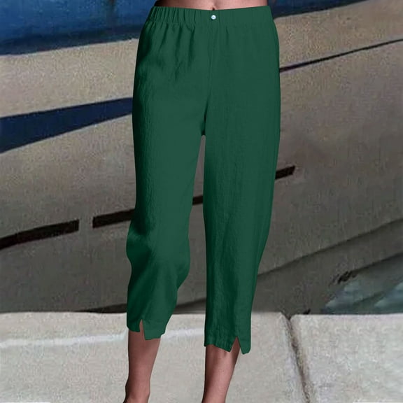 Gamivast Linen Pants Women Summer Casual Loose Straight Leg Capris Pants Drawstring Elastic Waist Cropped Pants with Pockets Green XXL Pantalones Capri Para Mujer