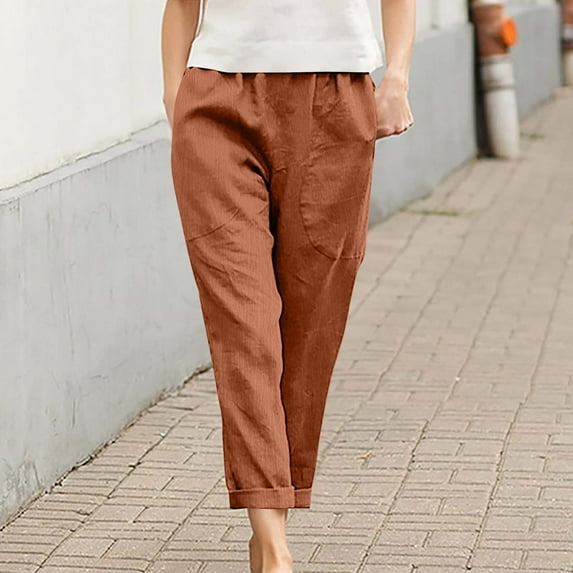 Gamivast Linen Pants Women Summer Elastic Waist Drawstring Pants Soft Cropped Linen Cotton Pants Trendy Vintage Trousers with Pockets Brown XXL Pantalones Capri Para Mujer