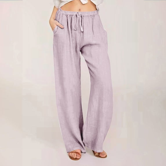 Gamivast Linen Pants Women Tall Straight Wide Leg Casual Lounge Trousers with Pockets Trendy Comfy Drawstring Elastic Waist Pant Holiday Beach Clothes