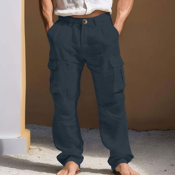 Linen Pants for Men Breathable Loose Fit Cargo Pockets Cargo Pants Solid Button Fly Beach Pants Lightweight Soft Summer Vacation Outfit