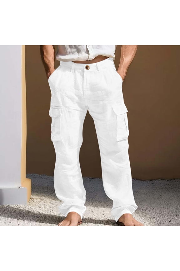 Linen Pants for Men Breathable Loose Fit Cargo Pockets Cargo Pants Solid Button Fly Beach Pants Lightweight Soft Summer Vacation Outfit