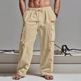 thumbnail image 1 of Linen Pants for Men Elastic Waist Drawstring Cargo Pants Loose Fit Multi Pockets Beach Pants Breathable Soft Summer Vacation Outfits, 1 of 6