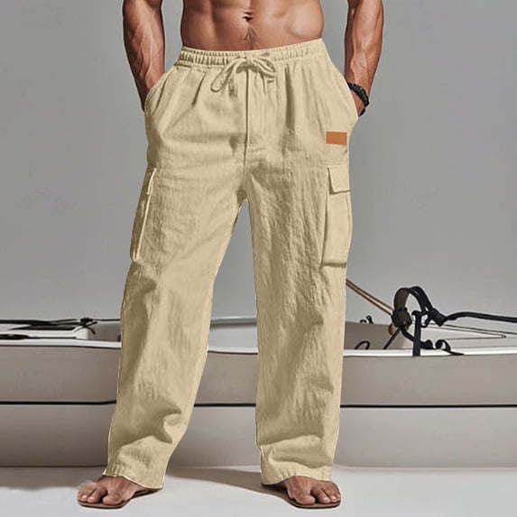 Linen Pants for Men Elastic Waist Drawstring Cargo Pants Loose Fit Multi Pockets Beach Pants Breathable Soft Summer Vacation Outfits