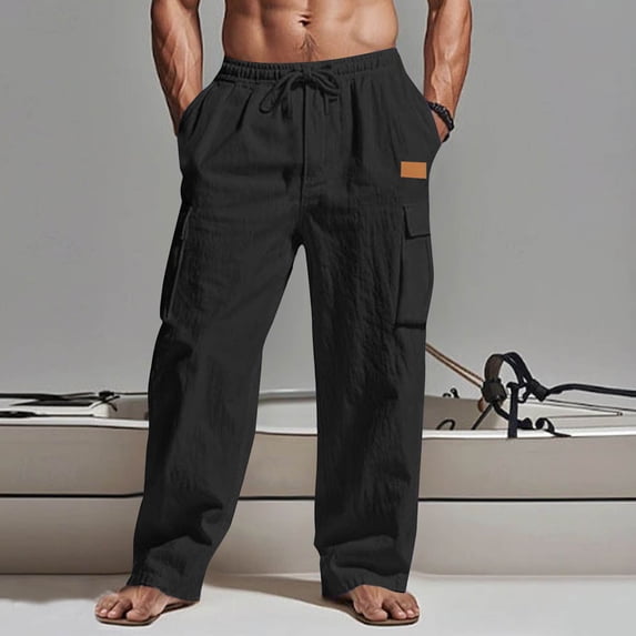Linen Pants for Men Elastic Waist Drawstring Cargo Pants Loose Fit Multi Pockets Beach Pants Breathable Soft Summer Vacation Outfits