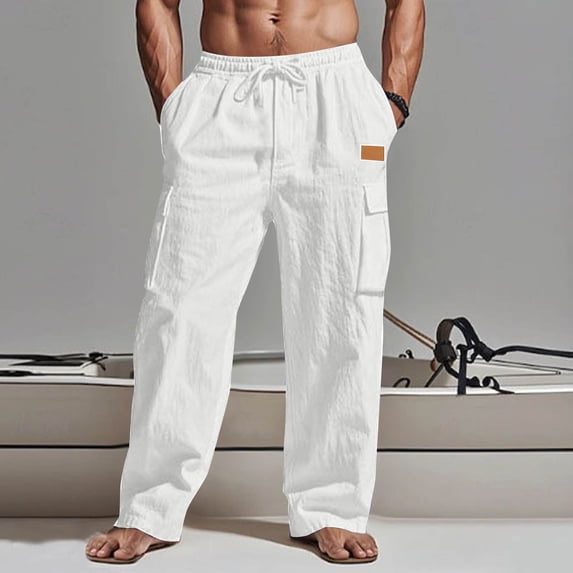 Linen Pants for Men Elastic Waist Drawstring Cargo Pants Loose Fit Multi Pockets Beach Pants Breathable Soft Summer Vacation Outfits