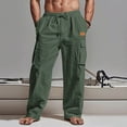 thumbnail image 1 of Linen Pants for Men Elastic Waist Drawstring Cargo Pants Loose Fit Multi Pockets Beach Pants Breathable Soft Summer Vacation Outfits, 1 of 6