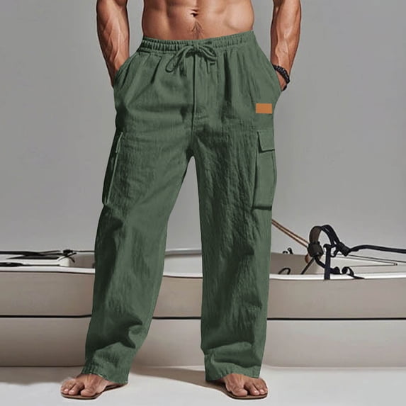 Linen Pants for Men Elastic Waist Drawstring Cargo Pants Loose Fit Multi Pockets Beach Pants Breathable Soft Summer Vacation Outfits