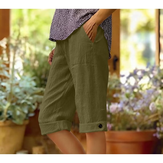 Gamivast Linen Pants for Women Capri Straight Leg Mid Rise Button Tab Hem Breathable Lightweight Cropped Pants with Pockets Summer Travel Casual Wear