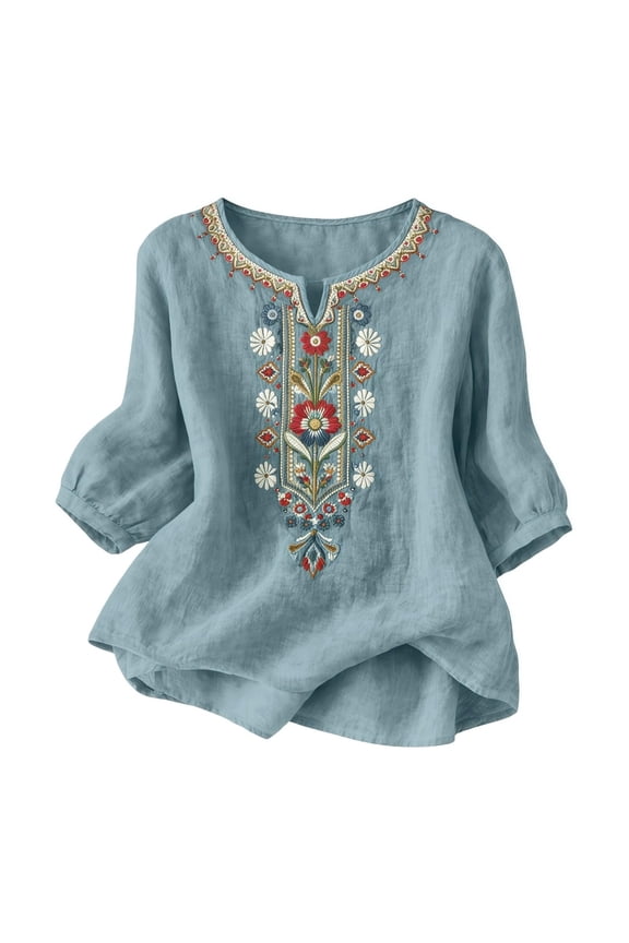 Linen Peplum Blouses for Women V Neck 3/4 Sleeve Bohemian Vintage Style Tunic Tops Loose Fit Floral Embroidered Pattern Breathable Soft Dressy Casual Spring Tops