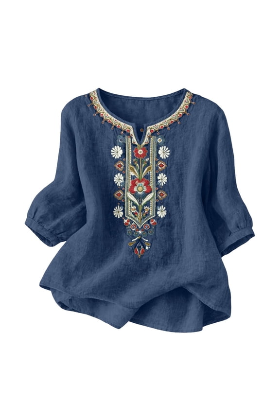 Linen Peplum Blouses for Women V Neck 3/4 Sleeve Bohemian Vintage Style Tunic Tops Loose Fit Floral Embroidered Pattern Breathable Soft Dressy Casual Spring Tops