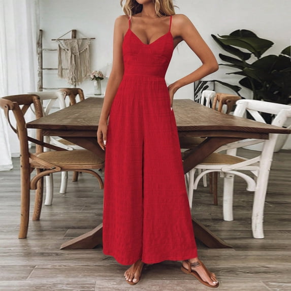 Gamivast Linen Romper Dress for Women V Neck Sleeveless Spaghetti Strap Wide Leg Jumpsuit Flattering Smocked Maxi Dress Casual Beach Dress Vacation