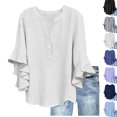 thumbnail image 1 of Gamivast Linen Ruffled Blouses for Women Dressy Casual V-Neck Button Down Shirts Bell Sleeve Summer Tops Solid Textured Cute Blouses Daily Outfits, 1 of 2