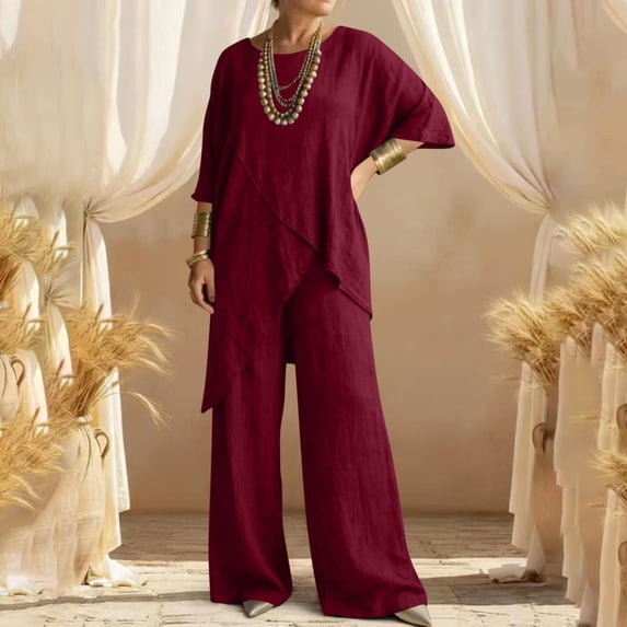 Gamivast Linen Sets for Women 2 Piece Outfits Asymmetric Hem Tunic Top & Wide Leg Pants Summer Casual Loose Fit Lounge Wear Flowy Oversized