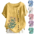 thumbnail image 1 of Gamivast Linen Shirt Women Short Sleeve Embroidery Side Button Casual Blouse Loose Dressy Crew Neck Going out Tops Holiday Summer outfits, 1 of 5