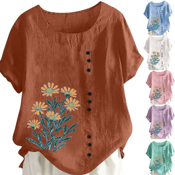 Gamivast Linen Shirt Women Short Sleeve Embroidery Side Button Casual Blouse Loose Dressy Crew Neck Going out Tops Holiday Summer outfits