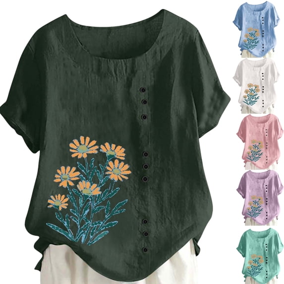Gamivast Linen Shirt Women Short Sleeve Embroidery Side Button Casual Blouse Loose Dressy Crew Neck Going out Tops Holiday Summer outfits