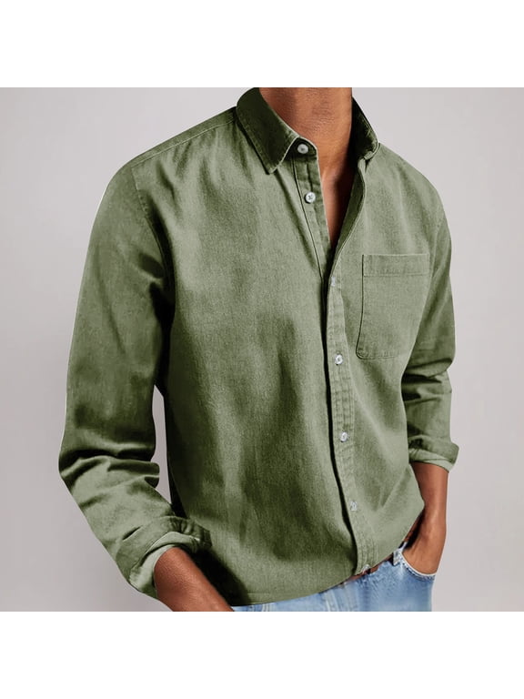 Linen Shirts for Men Button Down Long Sleeve Collared Work Dressy Shirts Lightweight Breathable Chest Pocket Casual Work Shirts Vacation Layering Wear