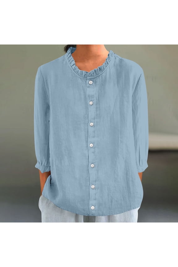 Linen Shirts for Women 2025 Trendy Lapel 3/4 Sleeve Button Down Cotton Tunic Tops Lightweight Gauze Blouses Casual Summer Clothes Blue XL Camisas Para Mujer