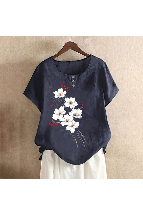 Linen Shirts for Women Crewneck Short Sleeve Tunic Shirts Trendy Floral Print Casual Loose Fit Blouse Vacation Casual Lightweight T Shirt Navy XXXXL Camisas Para Mujer