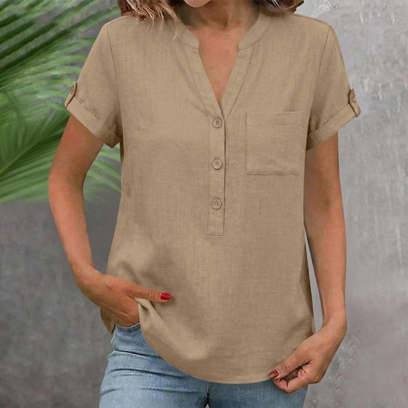 Gamivast Linen Shirts for Women Split V Neck Short Sleeve Loose Fit Linen Tops Button Front Blouses Short Sleeve Casual Summer Tops Vacation Daily Wear outfits