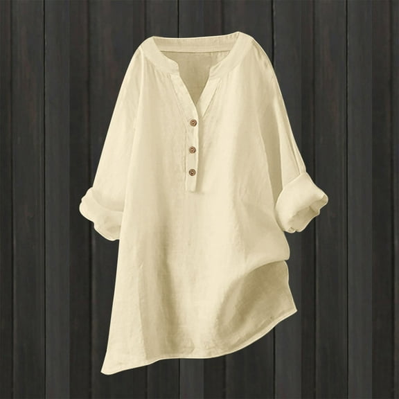 Gamivast Linen Shirts for Women Summer 3/4 Sleeve V Neck Blouses Buttons Plus Size Loose Fit T-Shirts Trendy Dressy Blouses Casual Tunic Tops Beige XXXXL Camisas Para Mujer