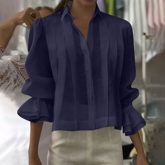 Gamivast Linen Shirts for Women Casual Dressy Long Sleeve V Neck Pleated Loose Tops Spring Fashion Blouses Holiday Party outfits