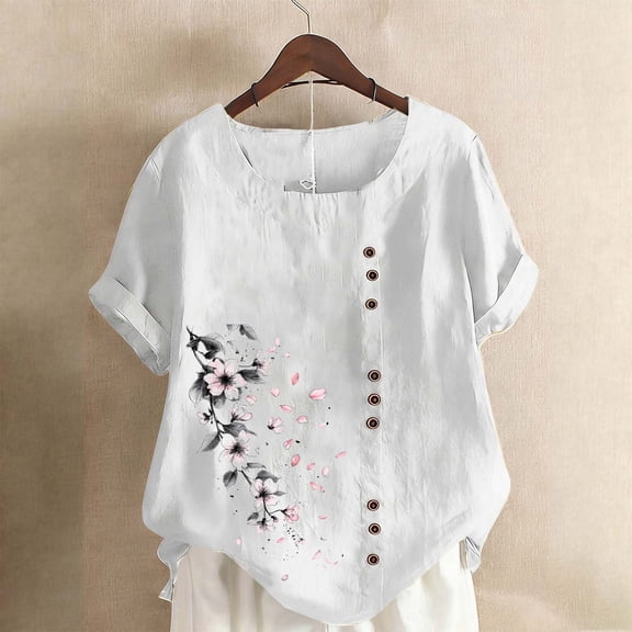 Gamivast Linen Shirts for Women Print Side Button Going out Tops Loose Fitted Casualcrew Neck Tops Spring Tea Party outfits