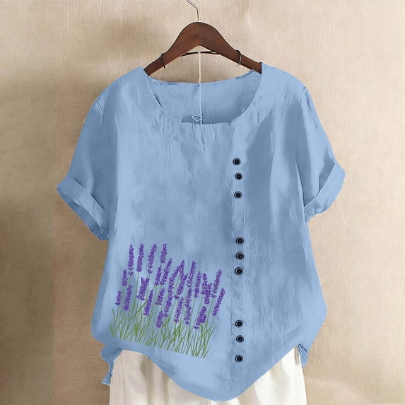 Gamivast Linen Shirts for Women Short Sleeve Loose Fitted Print Side Button Blouse Comfy Casual Round Neck Tops Summer Fashion outfits