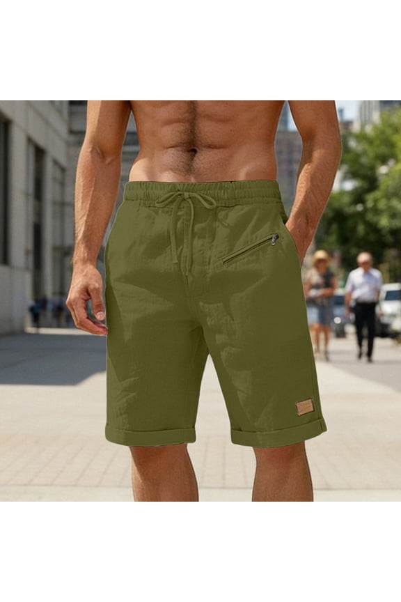 Linen Shorts for Men Drawstring Elastic Waist Rolled Hem Shorts with Pockets Zip Relaxed Fit Mid Rise Shorts for Resort Days Casual Errands and Summer Outings