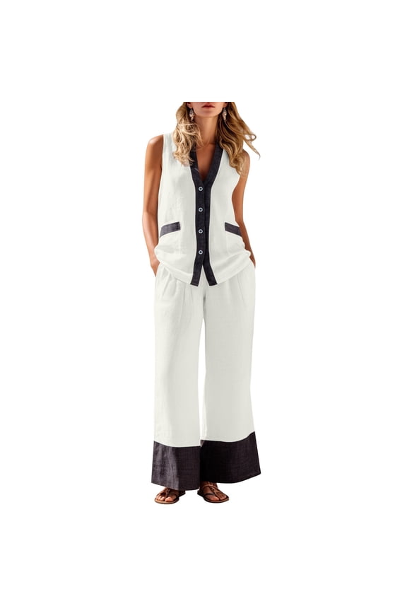 Linen Sleeveless Tops for Women V Neck Button Down Front Business Casual Work Vibe Relaxed Fit Solid Plain Contrast Trim Soft Breathable Shirts Summer Tops