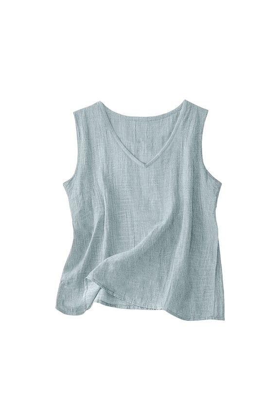 Linen Sleeveless Tops for Women V Neck Casual Beach Everyday Wear Solid Texture Loose Fit Flowy Breathable Basic Tees Lightweight Summer Spring Tunics