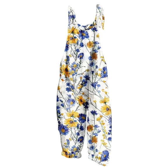 Gamivast Linen Summer jumpsuit for Women Floral Print Adjustable Strap Jumpsuit Bib Overalls Loose Fit Wide Leg Pants Breathable Soft Comfy Beach Holiday Outfit
