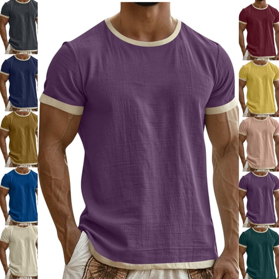 Gamivast Linen T Shirt for Men Crewneck Short Sleeve Casual Beach T Shirts for Man Loose Fit Solid Textured Breathable Linen Shirts Summer Spring Tops