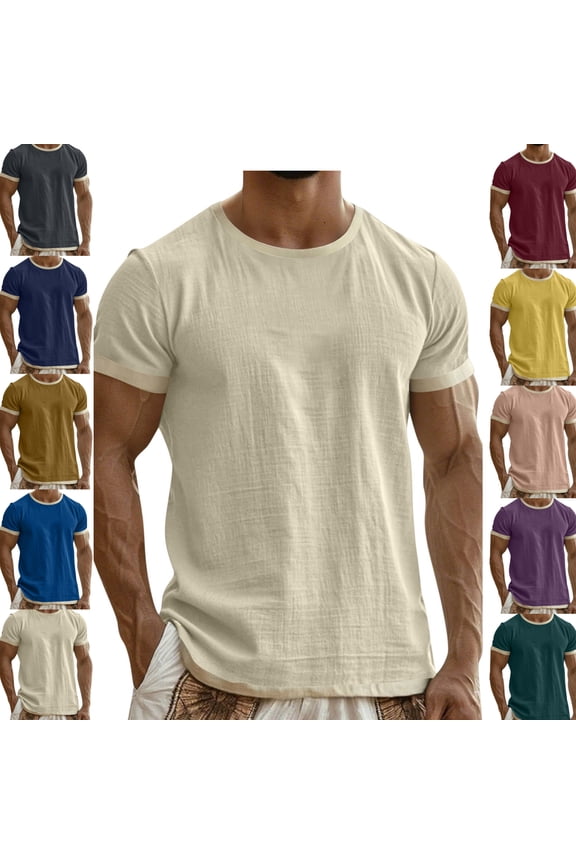 Linen T Shirt for Men Crewneck Short Sleeve Casual Beach T Shirts for Man Loose Fit Solid Textured Breathable Linen Shirts Summer Spring Tops