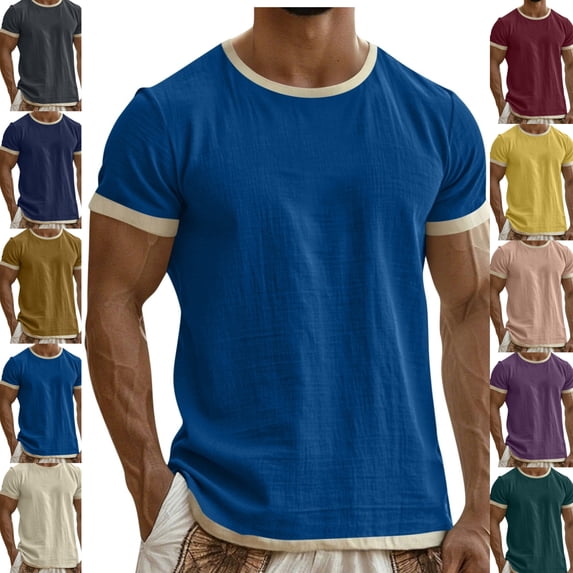 Gamivast Linen T Shirt for Men Crewneck Short Sleeve Casual Beach T Shirts for Man Loose Fit Solid Textured Breathable Linen Shirts Summer Spring Tops