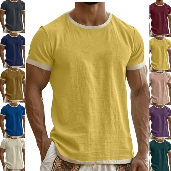 Gamivast Linen T Shirt for Men Crewneck Short Sleeve Casual Beach T Shirts for Man Loose Fit Solid Textured Breathable Linen Shirts Summer Spring Tops