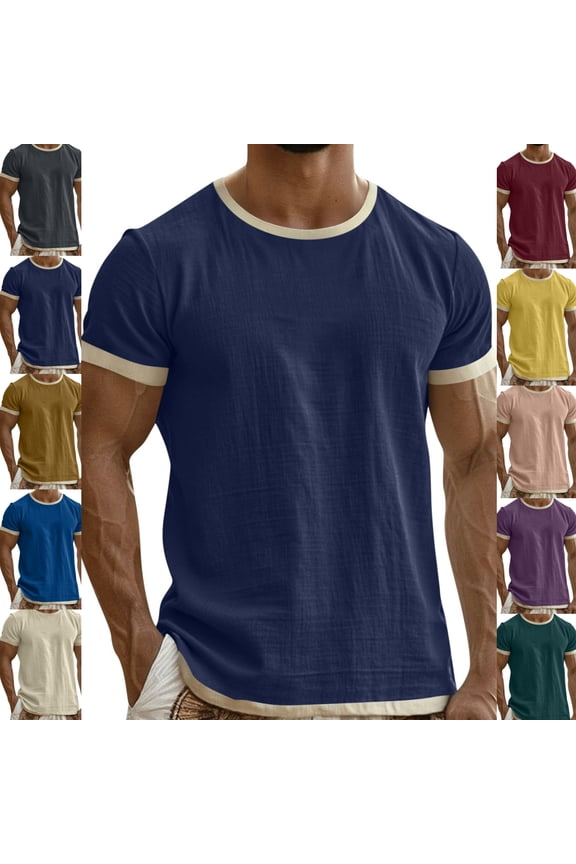 Linen T Shirt for Men Crewneck Short Sleeve Casual Beach T Shirts for Man Loose Fit Solid Textured Breathable Linen Shirts Summer Spring Tops