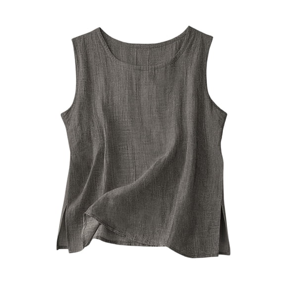 Gamivast Linen Tank Tops for Women Round Neck Sleeveless Vacation Beach Wear Boho Style Shirts Relaxed Fit Solid Pattern Split Hem Detail Lightweight Flowy Summer Tees