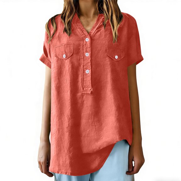 Gamivast Linen Tops for Women Beach Short Sleeve V Neck Casual Blouses Loose Dressy Button Tunic Going out Tops Summer outfits 2026