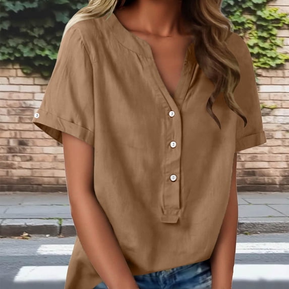 Gamivast Linen Tops for Women Button V Neck Casual Travel Shirts Trendy Short Sleeve Loose Fitted Blouse Summer Fashion outfits 2026