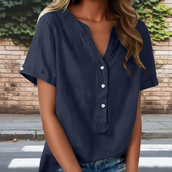 Gamivast Linen Tops for Women Button V Neck Casual Travel Shirts Trendy Short Sleeve Loose Fitted Blouse Summer Fashion outfits 2026