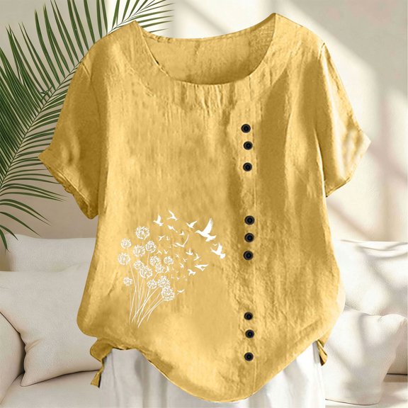 Gamivast Linen Tops for Women Casual Dressy Short Sleeve Floral Print Side Button Shirts Relaxed Fitting Crew Neck Blouses Summer Boho outfits
