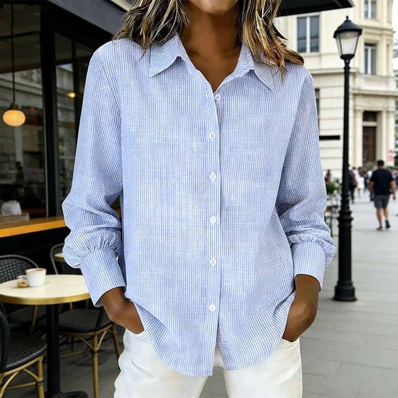 Gamivast Linen Tops for Women Casual Striped Button Down Shirts Relaxed Fitted Long Sleeve Lapel Collar Dressy Blouses Holiday Office Summer outfits