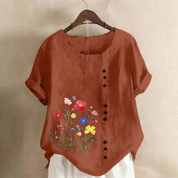 Gamivast Linen Tops for Women Floral Graphic Short Sleeve Casual Work Shirts Round Collar Side Button Vacation Tops Summer Hiking outfits